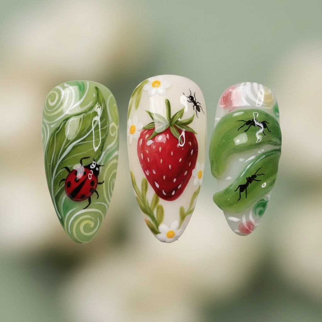 Macro close-up hand-painted ladybug red strawberry black ant botanical illustration salon-quality press-on nails sage green — LuxepressCo