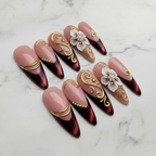 Full set 10 burgundy gold 3D floral custom press-on nails on marble background — LuxepressCo