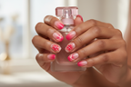 Dark skin hands holding pink perfume wearing pink cherry blossom custom press-on nails inclusive beauty — LuxepressCo