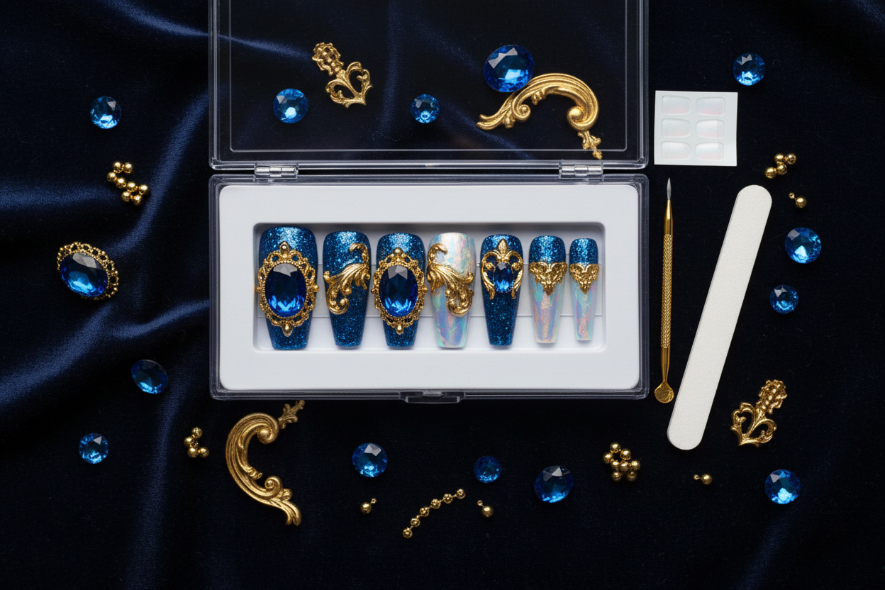 Luxury unboxing acrylic box royal blue sapphire gold baroque 3D filigree aurora press-on nails with accessories — LuxepressCo