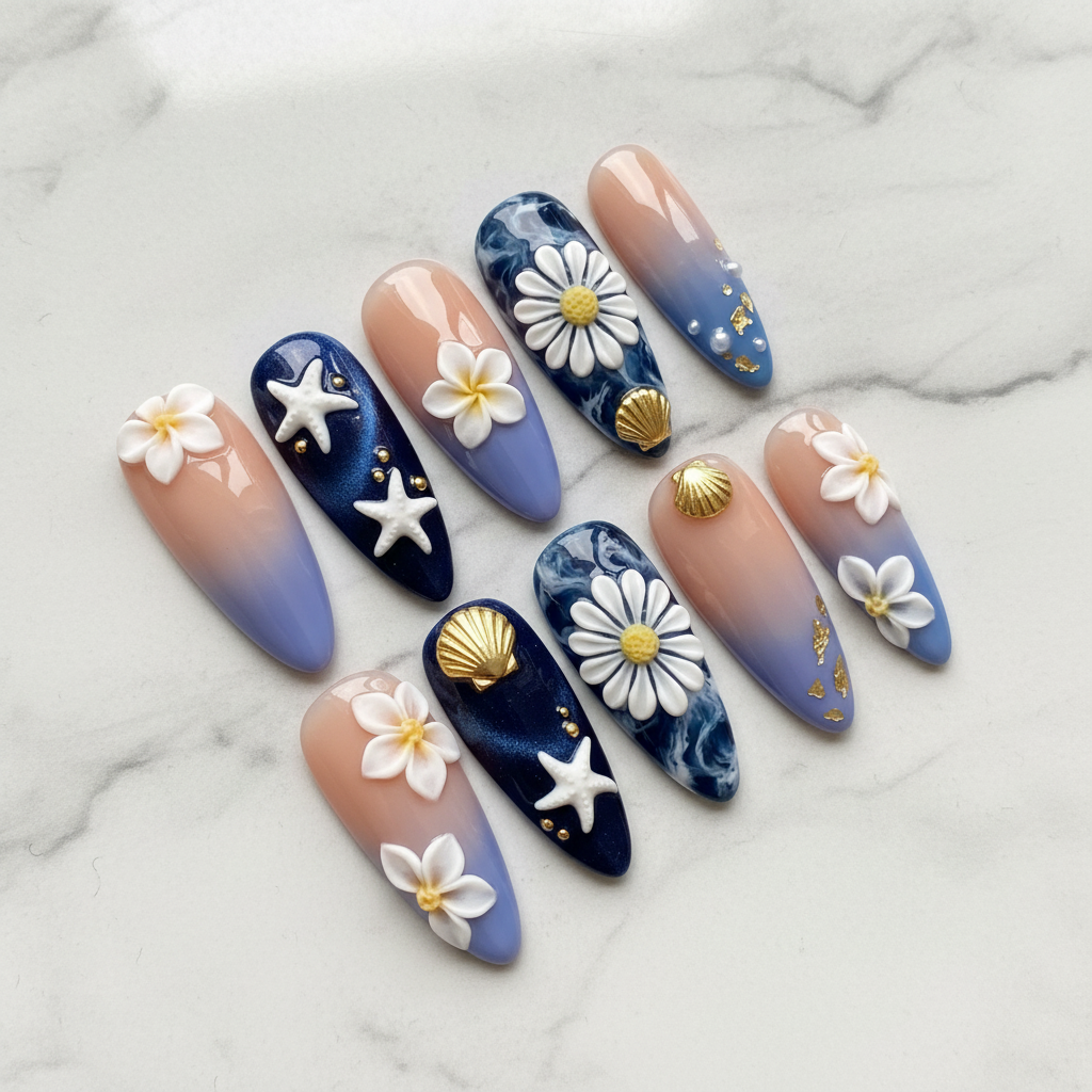 Full set 10 ocean blossom 3D custom press-on nails with starfish daisy plumeria on marble background — LuxepressCo