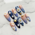 Full set 10 ocean blossom 3D custom press-on nails with starfish daisy plumeria on marble background — LuxepressCo