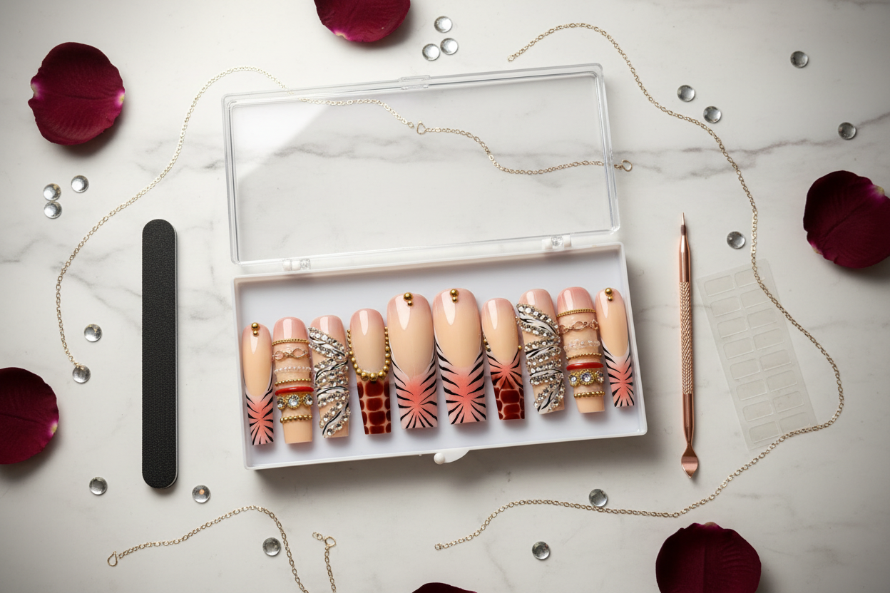 Luxury unboxing acrylic box nude peach zebra croc crystal rhinestone glam press-on nails with accessories — LuxepressCo