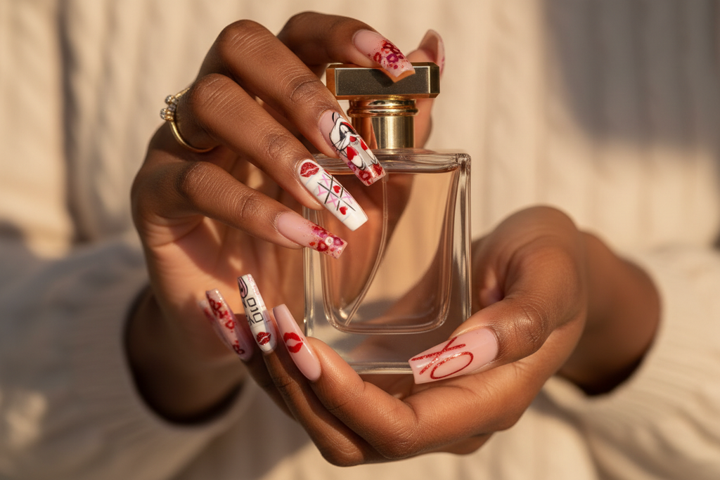 Dark skin hands holding perfume with Valentine reusable press-on nails inclusive — LuxepressCo