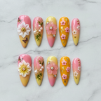 Flat lay top-down full set 10 3D floral garden reusable salon-quality press-on nails pink orange ombre — LuxepressCo