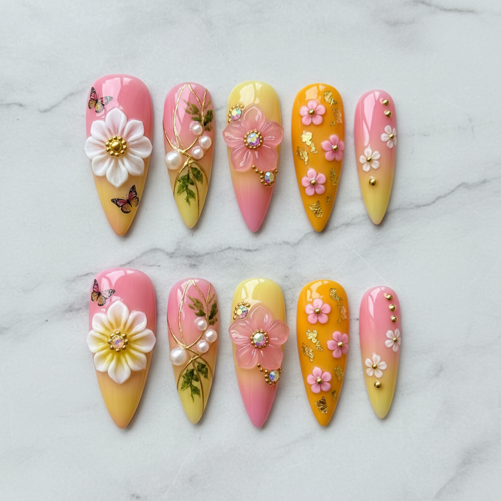 Flat lay top-down full set 10 3D floral garden reusable salon-quality press-on nails pink orange ombre — LuxepressCo