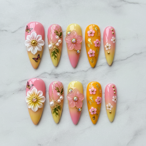 Flat lay top-down full set 10 3D floral garden reusable salon-quality press-on nails pink orange ombre — LuxepressCo