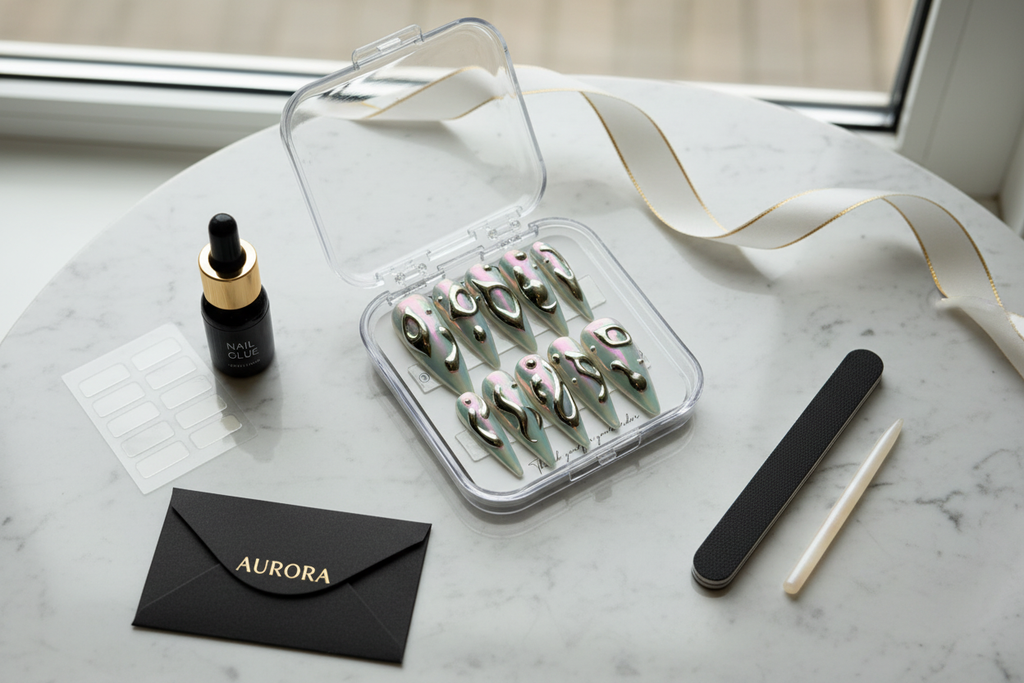 Luxury unboxing acrylic case aurora chrome press-on nails with nail file and glue accessories — LuxepressCo