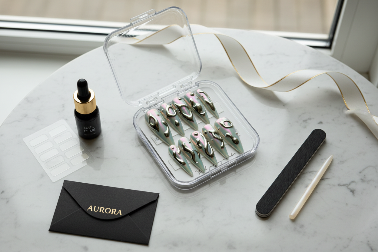 Luxury unboxing acrylic case aurora chrome press-on nails with nail file and glue accessories — LuxepressCo