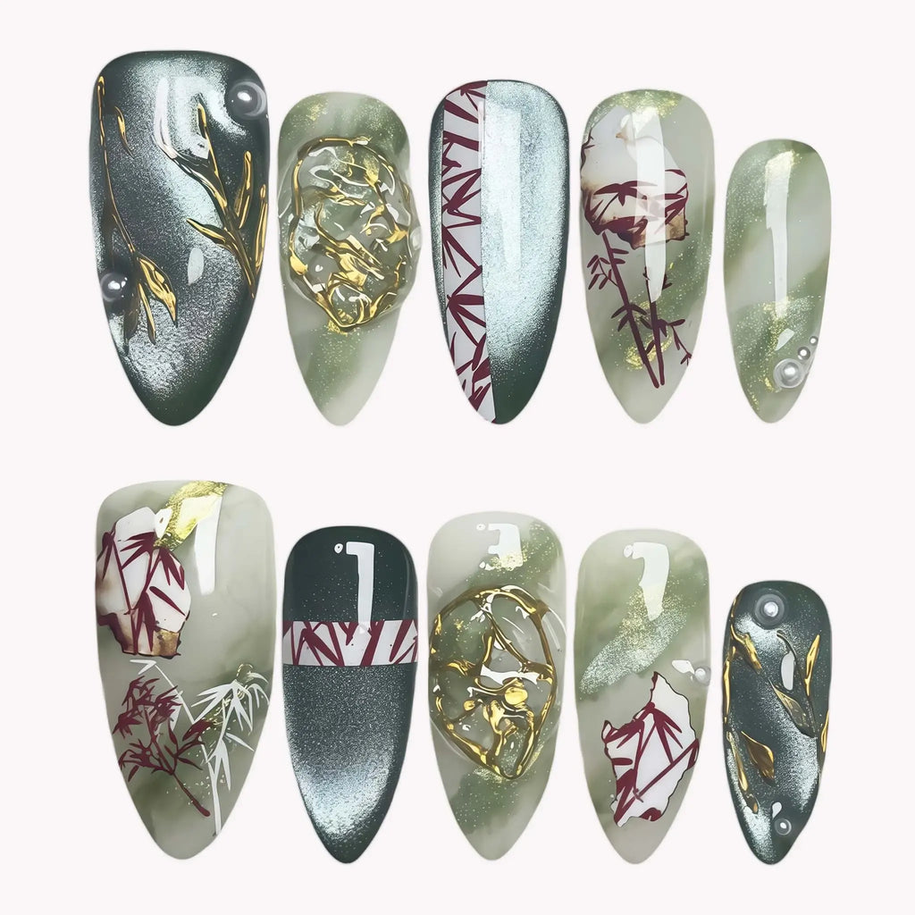 Jade Ink Art 3D Press-On Nails | Almond Stiletto | Bamboo Gold Rose | LuxepressCo