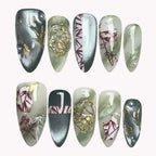 Jade Ink Art 3D Press-On Nails | Almond Stiletto | Bamboo Gold Rose | LuxepressCo