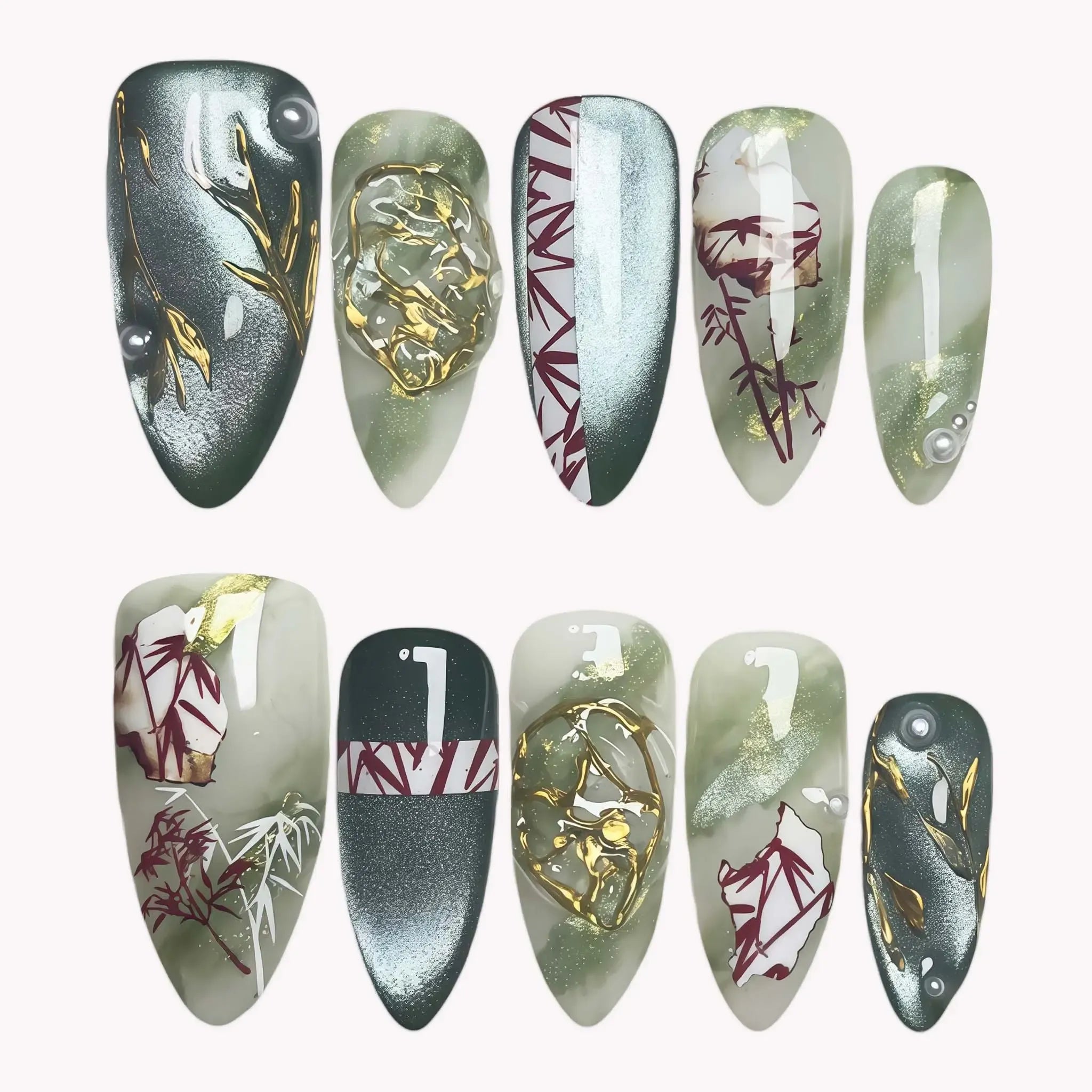 Jade Ink Art 3D Press-On Nails | Almond Stiletto | Bamboo Gold Rose | LuxepressCo