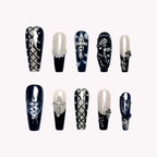 Gothic Corset Press-On Nails | Coffin Long | 3D Silver Cross Pearl Black | LuxepressCo