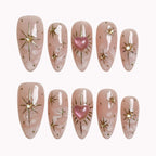 Gilded Heart Aura Press-On Nails | Almond | Gold Starburst Pink Heart | LuxepressCo
