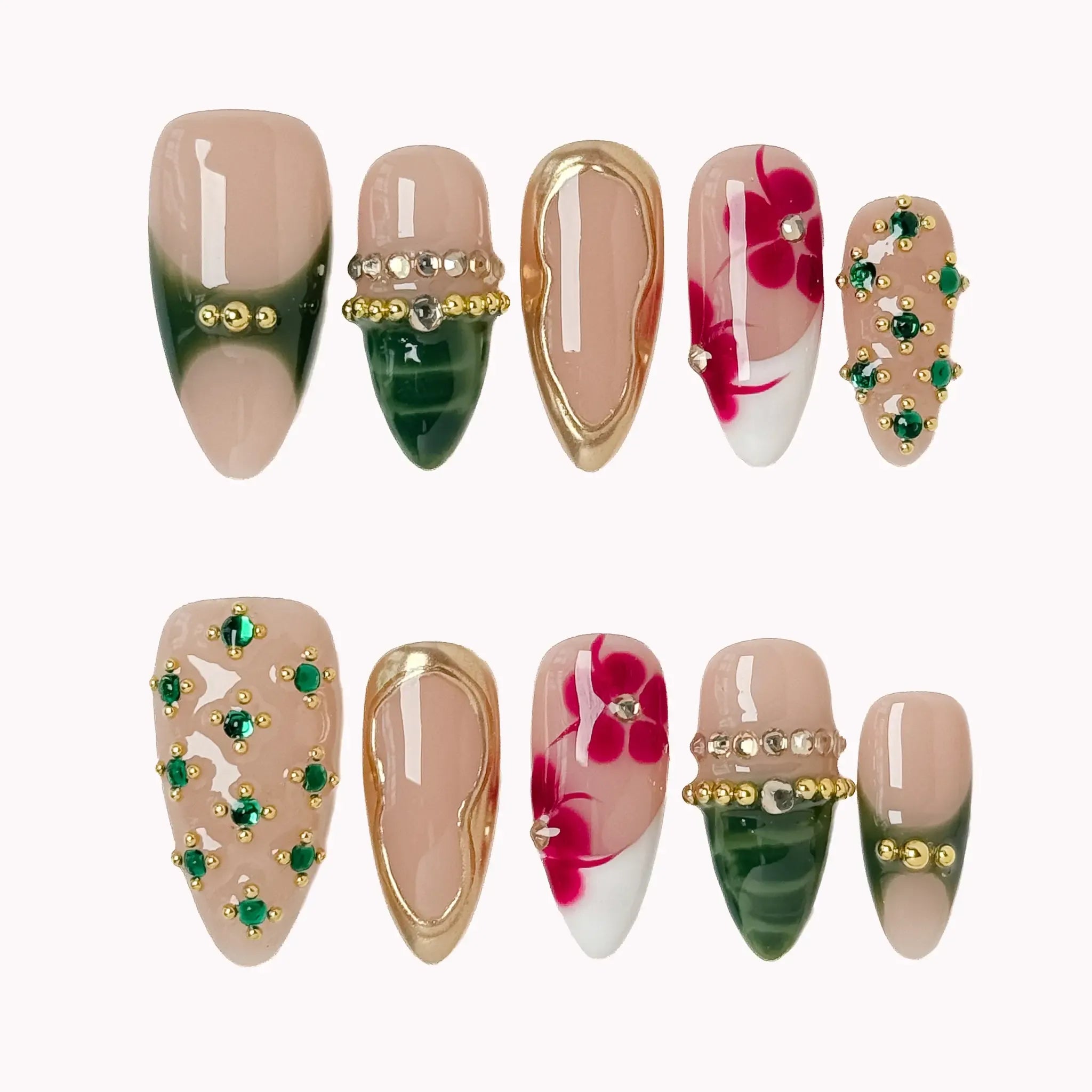 Dark Jungle Botanical Press-On Nails | Almond Stiletto | Emerald Green Gold | LuxepressCo