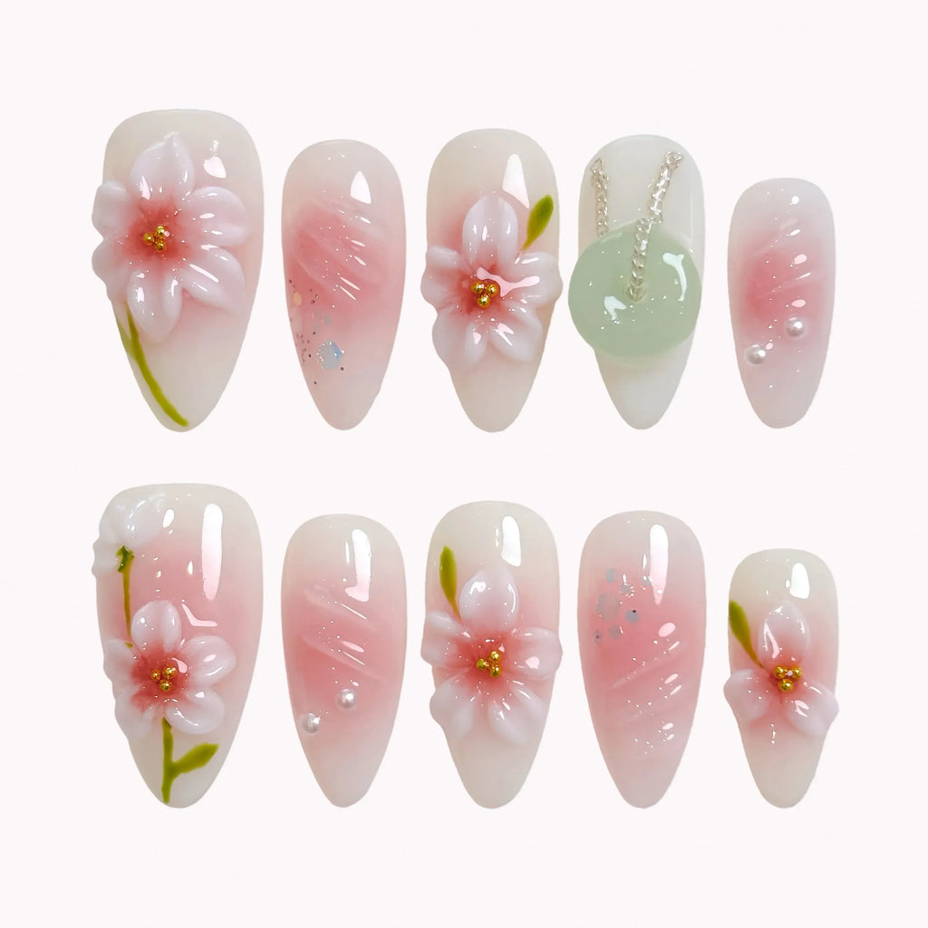 Jade Blossom Veil Press-On Nails | Almond | 3D Pink Flower Sheer Milky | LuxepressCo