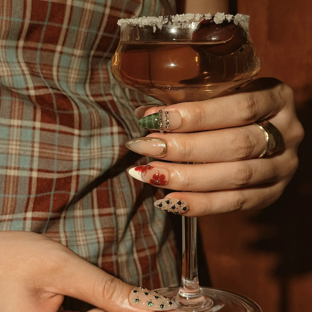 Dark Jungle Botanical Press-On Nails | Almond Stiletto | Emerald Green Gold | LuxepressCo