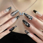Gothic Corset Press-On Nails | Coffin Long | 3D Silver Cross Pearl Black | LuxepressCo
