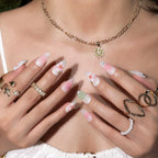 Jade Blossom Veil Press-On Nails | Almond | 3D Pink Flower Sheer Milky | LuxepressCo