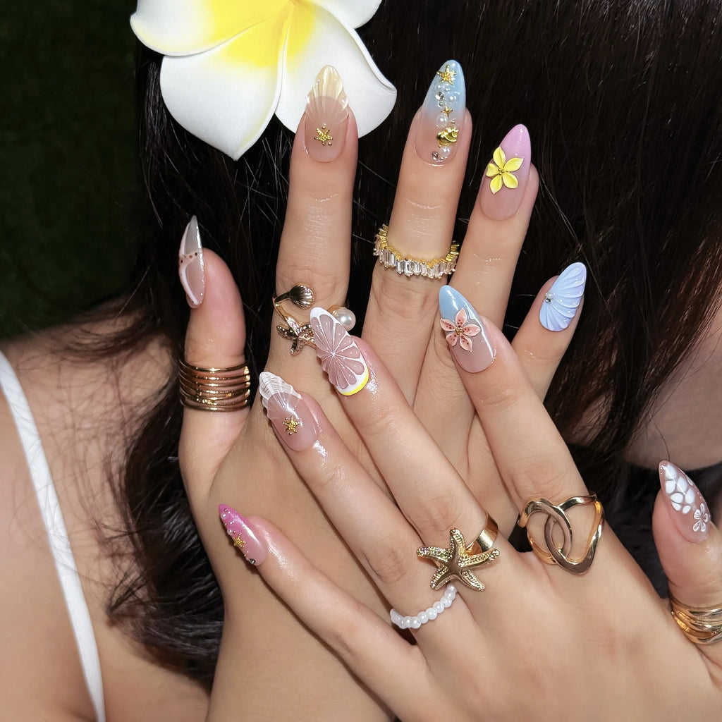 Seashell Garden Reverie Press-On Nails | Almond Stiletto | 3D Shell Plumeria Starfish Pastel | LuxepressCo