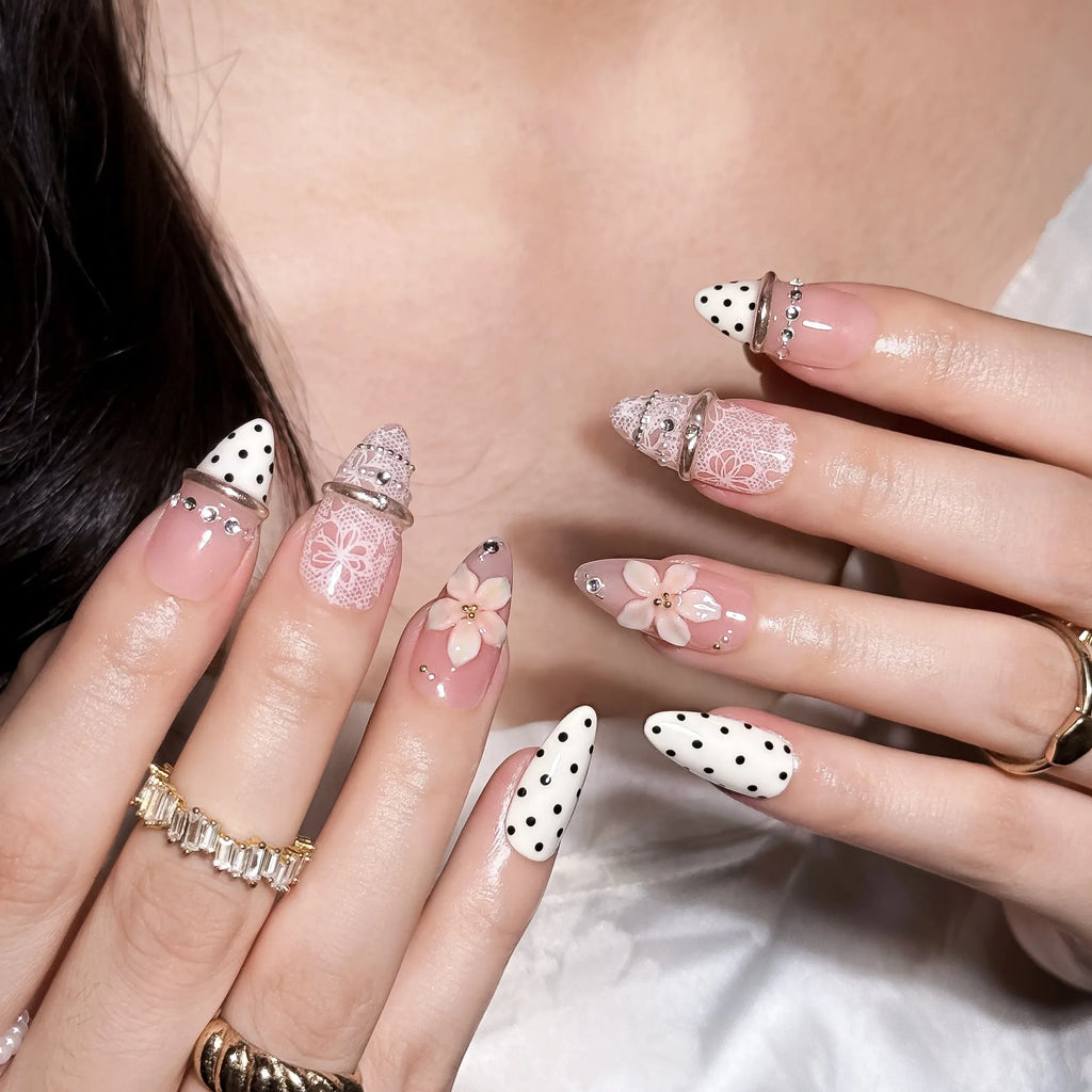 Blush Lace Amour 3D Press-On Nails | Almond | Coquette Vintage Lace | LuxepressCo
