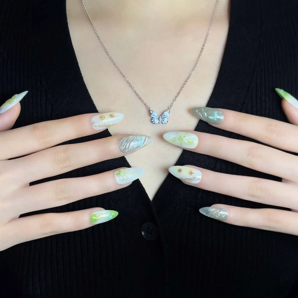 Enchanted Forest Mist Press-On Nails | Almond Stiletto | Sage Green Butterfly Dried Flower Botanical | LuxepressCo