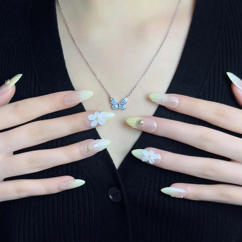 Sandy Shore Coastal Press-On Nails | Almond Stiletto | 3D Plumeria Shell Starfish | LuxepressCo