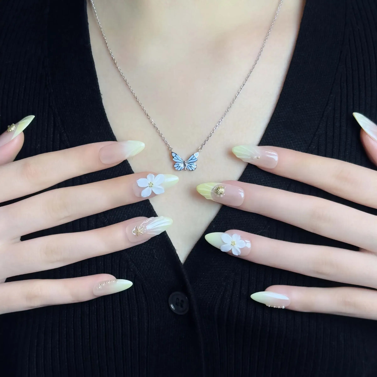 Sandy Shore Coastal Press-On Nails | Almond Stiletto | 3D Plumeria Shell Starfish | LuxepressCo
