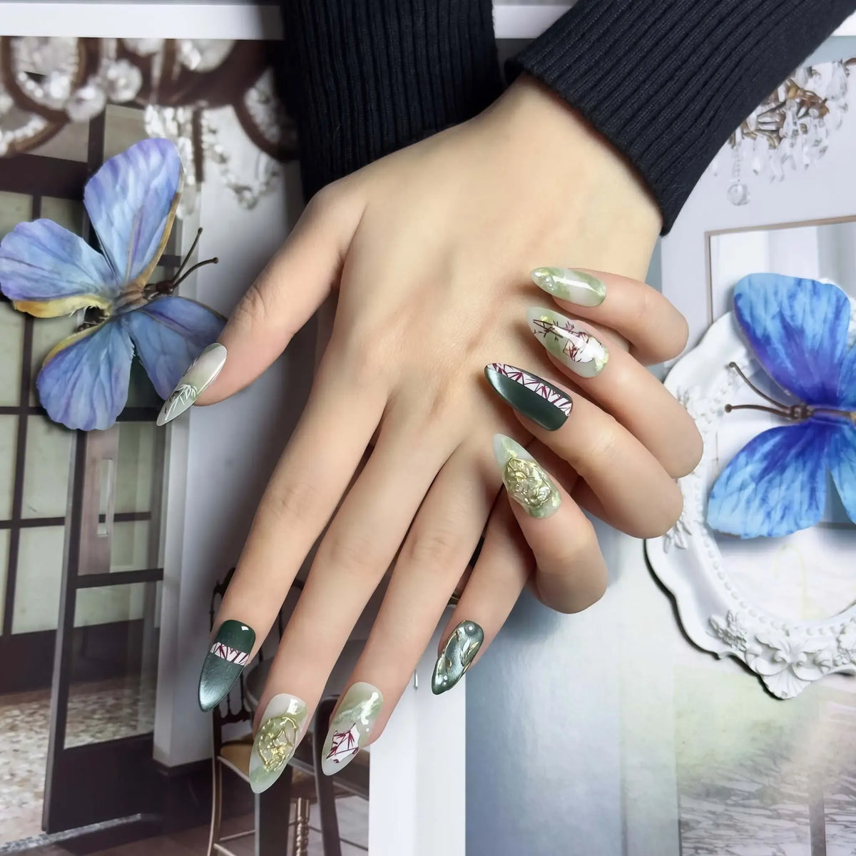 Jade Ink Art 3D Press-On Nails | Almond Stiletto | Bamboo Gold Rose | LuxepressCo