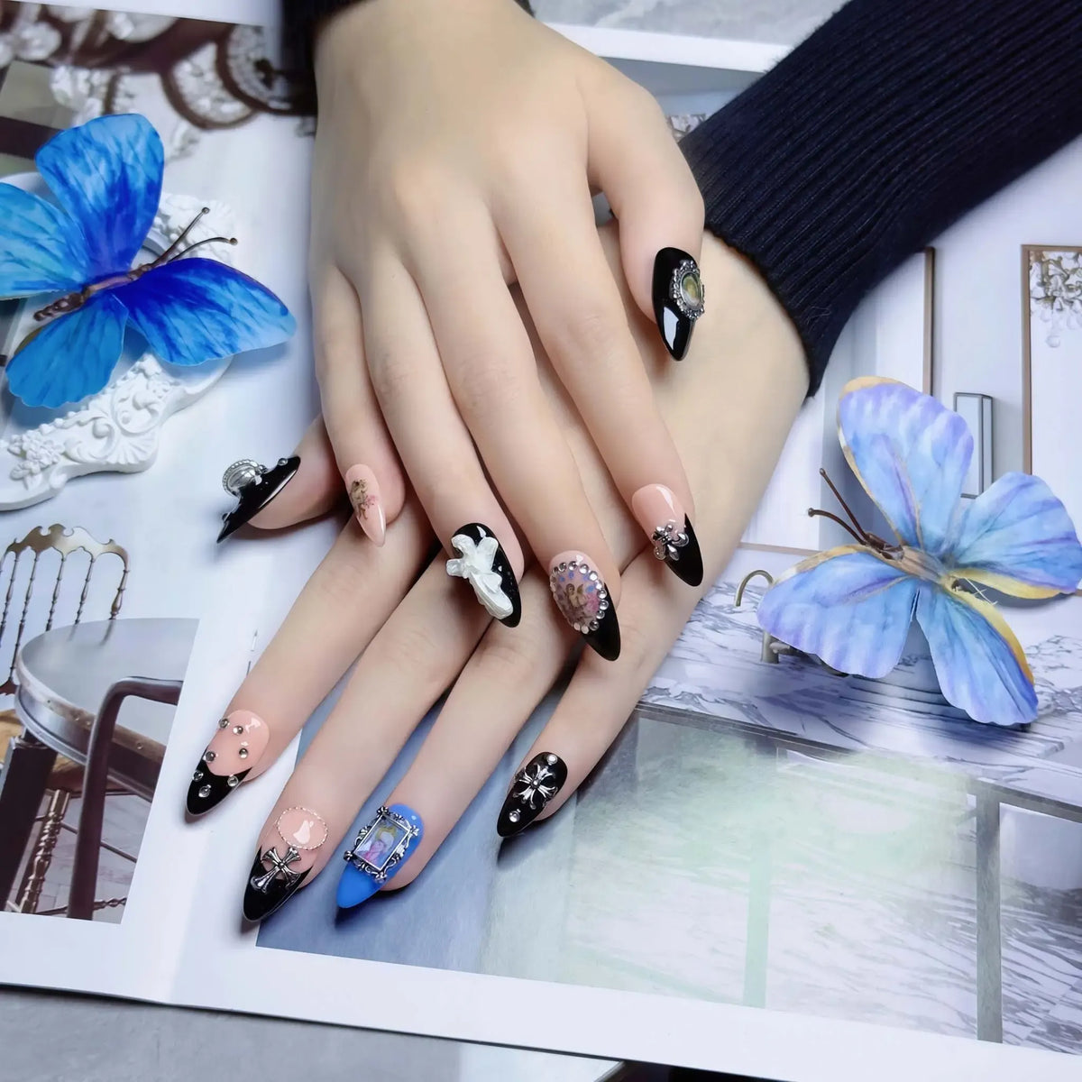 Dark Baroque Sacred Press-On Nails | Almond Stiletto | Saturn Cross Portrait Angel | LuxepressCo