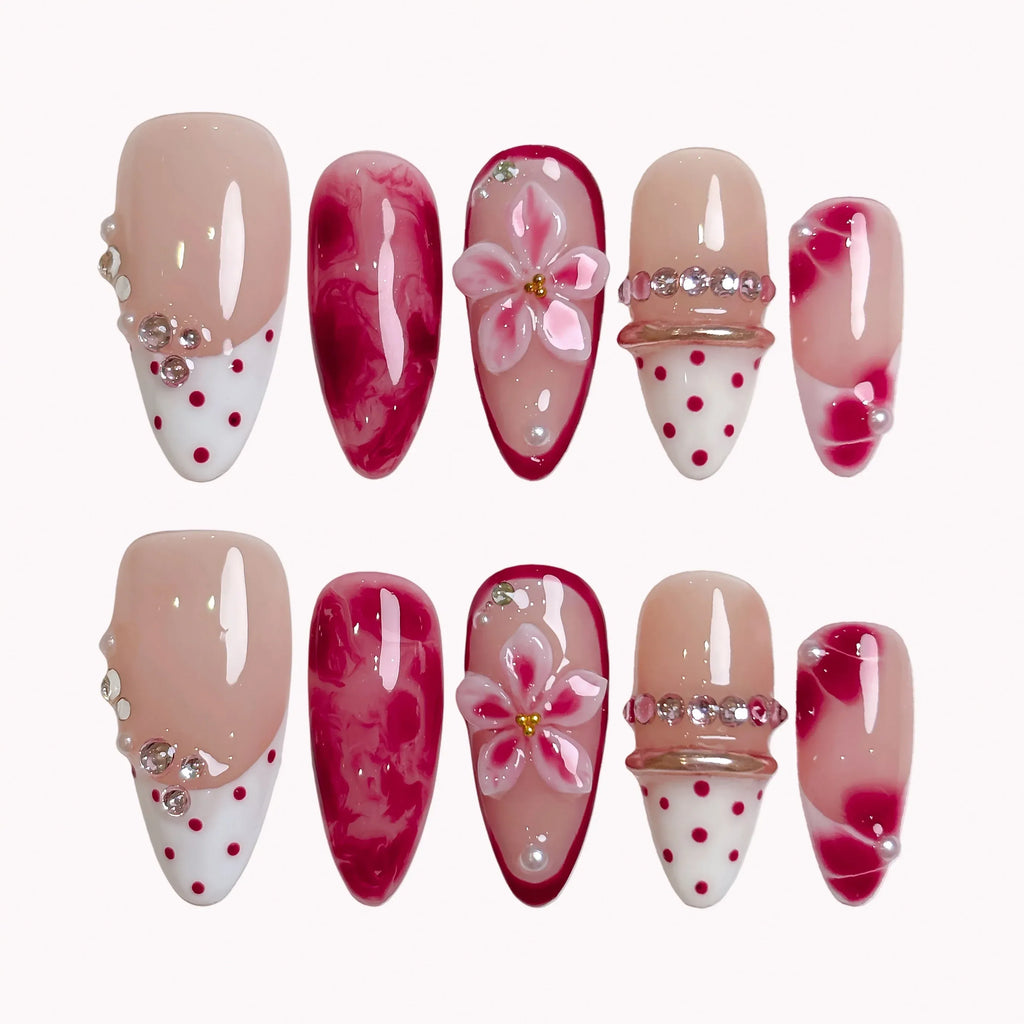 Ruby Petal Reverie Press-On Nails | Almond Stiletto | 3D Pink Flower Ruby Marble Polka | LuxepressCo
