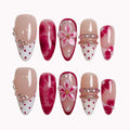 Ruby Petal Reverie Press-On Nails | Almond Stiletto | 3D Pink Flower Ruby Marble Polka | LuxepressCo