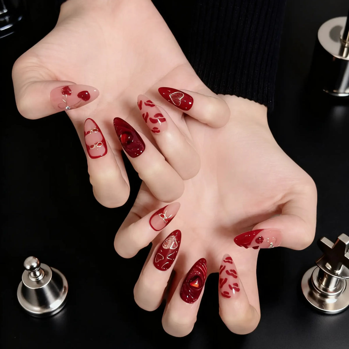 Red Heart & Lips 3D Press-On Nails | Stiletto Almond | Dark Romance Burgundy | LuxepressCo