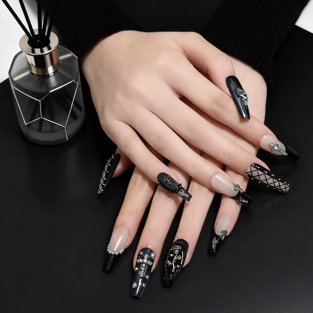 Gothic Corset Press-On Nails | Coffin Long | 3D Silver Cross Pearl Black | LuxepressCo