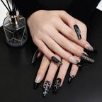 Gothic Corset Press-On Nails | Coffin Long | 3D Silver Cross Pearl Black | LuxepressCo