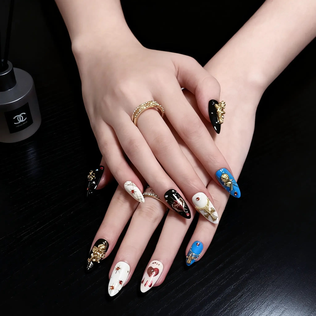 Dark Sacred Angel 3D Press-On Nails | Almond Stiletto | Gothic Gold Cross | LuxepressCo