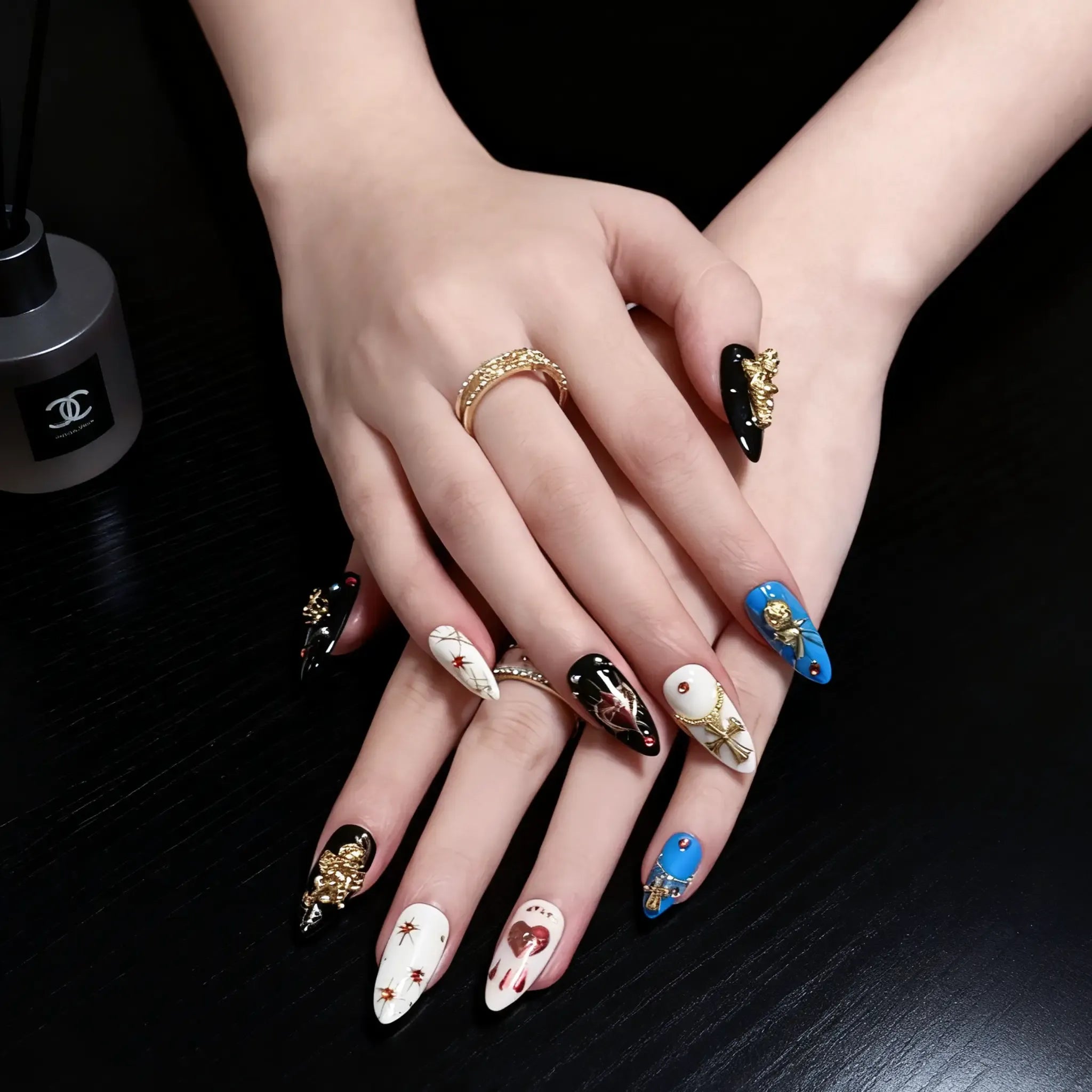 Dark Sacred Angel 3D Press-On Nails | Almond Stiletto | Gothic Gold Cross | LuxepressCo