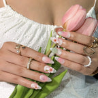 Jade Blossom Veil Press-On Nails | Almond | 3D Pink Flower Sheer Milky | LuxepressCo