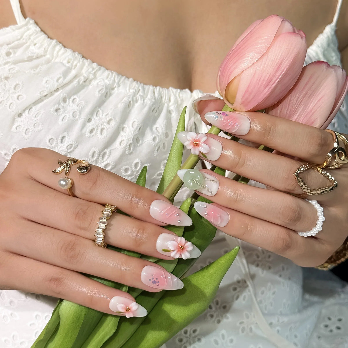 Jade Blossom Veil Press-On Nails | Almond | 3D Pink Flower Sheer Milky | LuxepressCo