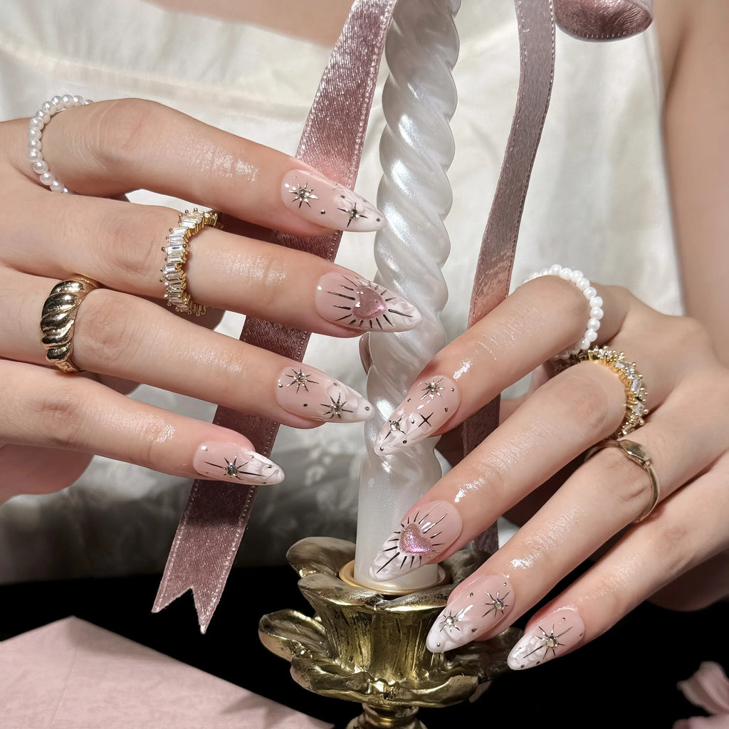 Gilded Heart Aura Press-On Nails | Almond | Gold Starburst Pink Heart | LuxepressCo