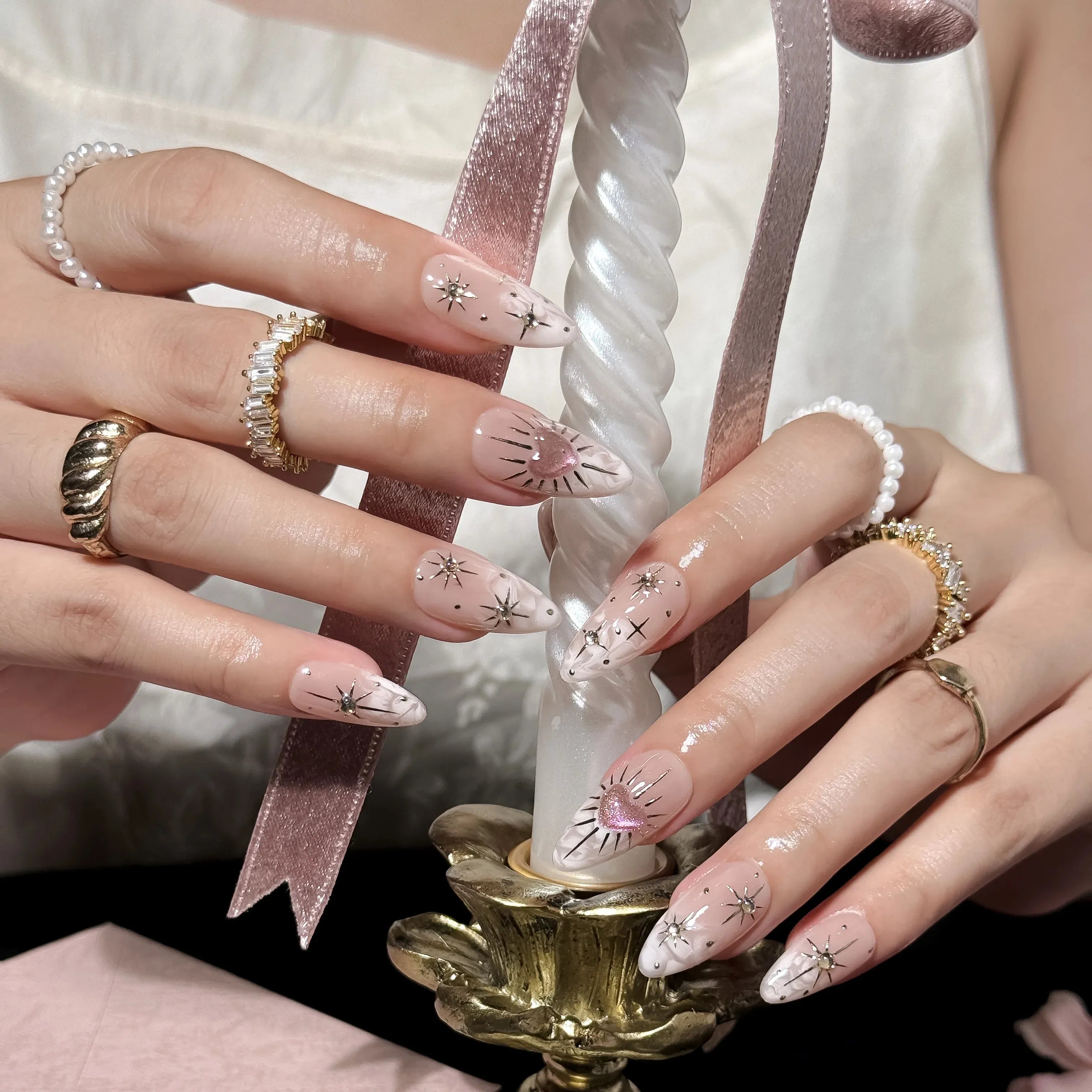 Gilded Heart Aura Press-On Nails | Almond | Gold Starburst Pink Heart | LuxepressCo