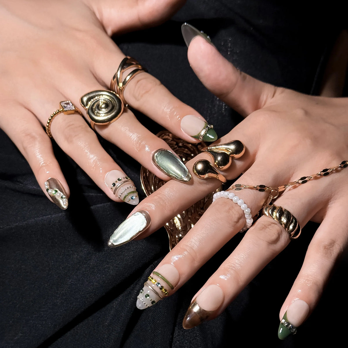 Military Chrome Armor Press-On Nails | Almond Stiletto | Olive Gold Bronze Dark | LuxepressCo
