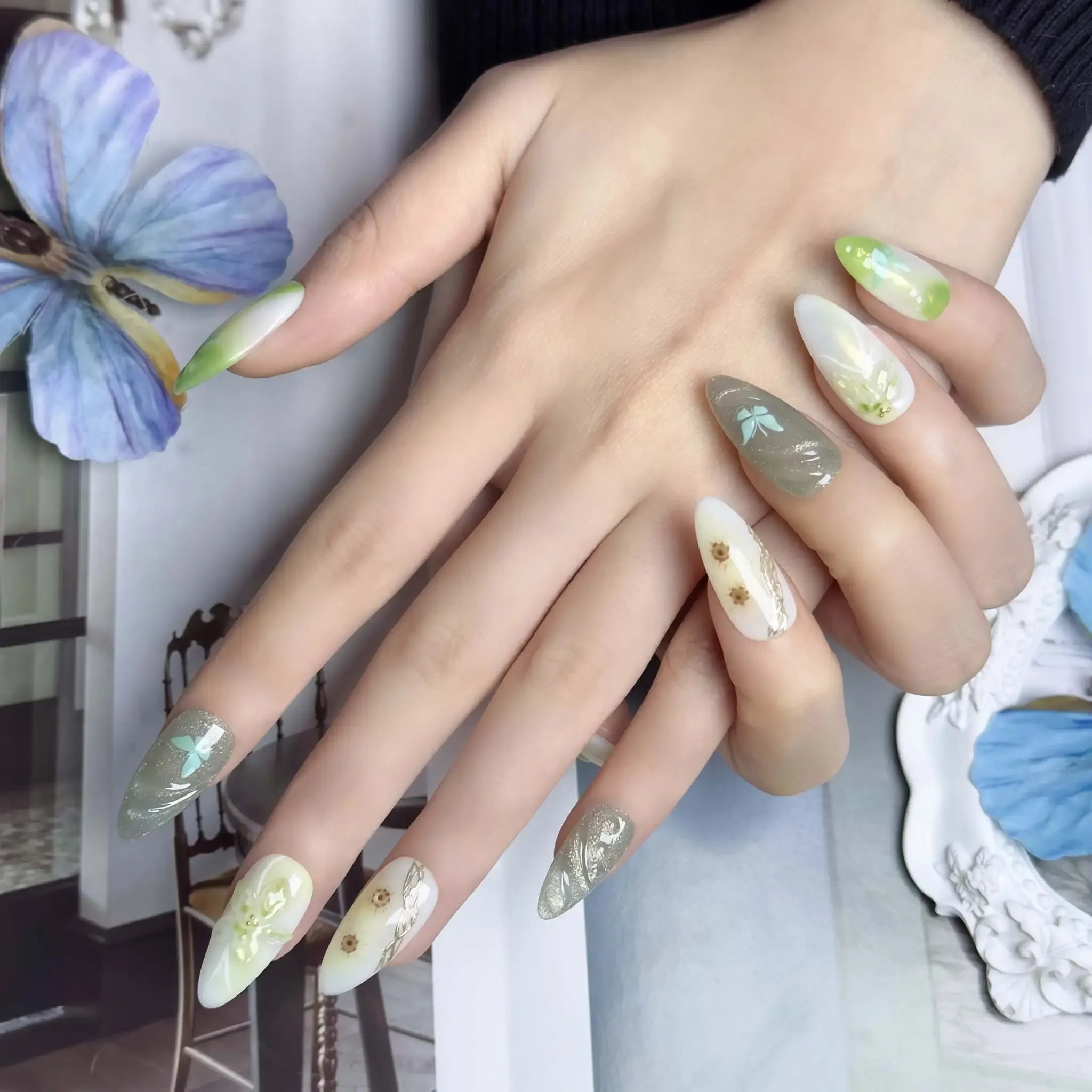 Enchanted Forest Mist Press-On Nails | Almond Stiletto | Sage Green Butterfly Dried Flower Botanical | LuxepressCo