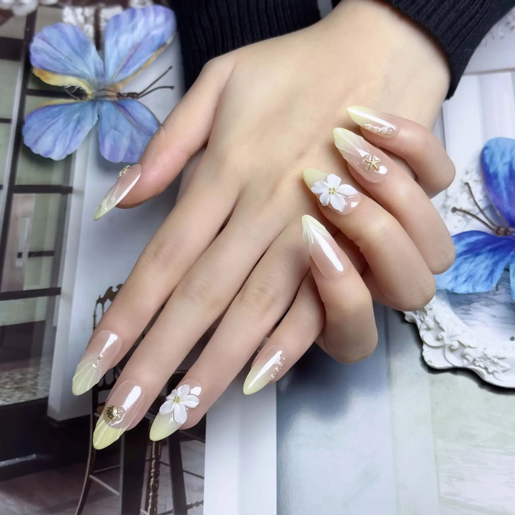 Sandy Shore Coastal Press-On Nails | Almond Stiletto | 3D Plumeria Shell Starfish | LuxepressCo