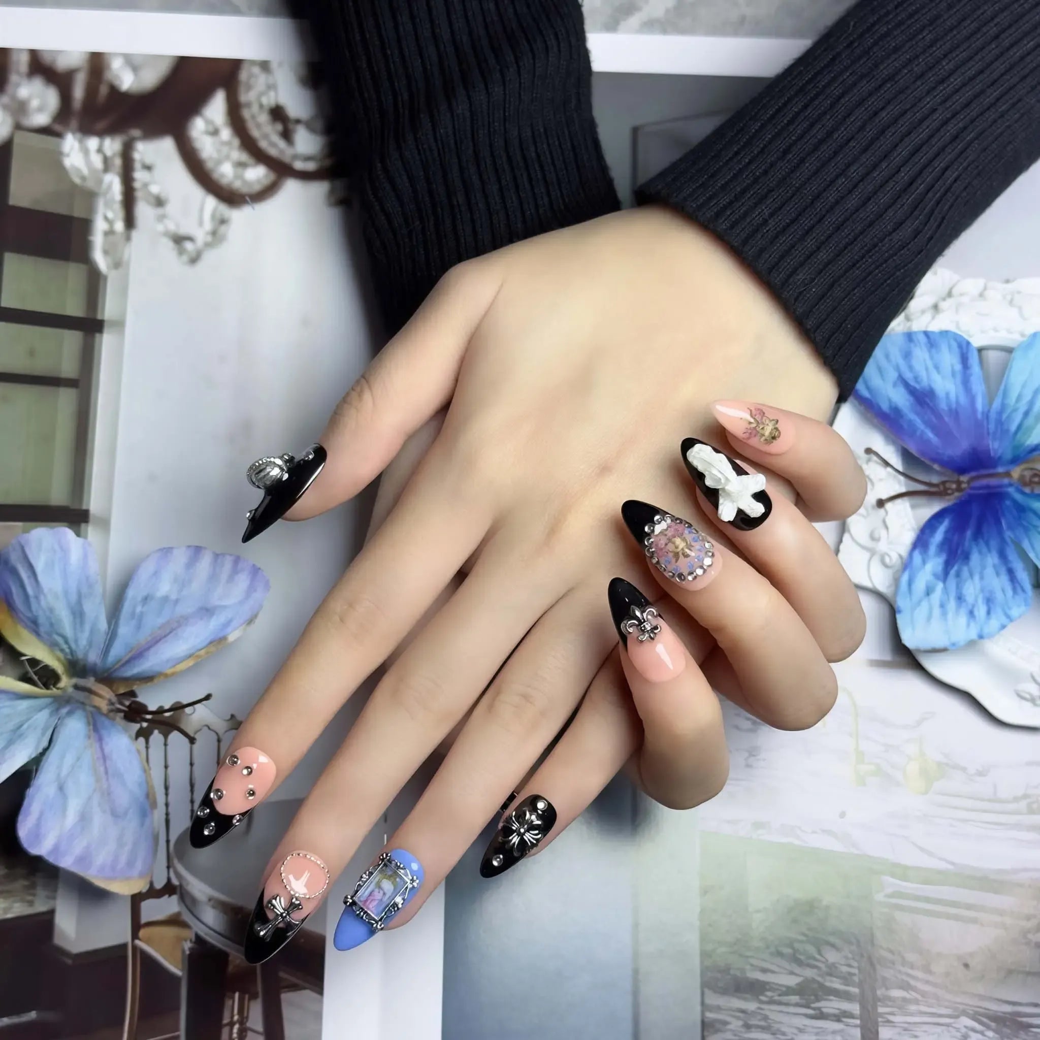 Dark Baroque Sacred Press-On Nails | Almond Stiletto | Saturn Cross Portrait Angel | LuxepressCo