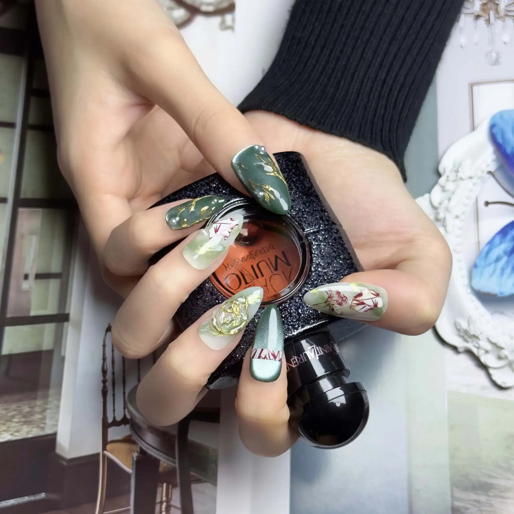 Jade Ink Art 3D Press-On Nails | Almond Stiletto | Bamboo Gold Rose | LuxepressCo