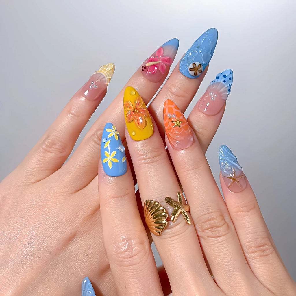 Tropical Shell Bloom Press-On Nails | Almond | 3D Hibiscus Shell Wave Sunset Beach | LuxepressCo