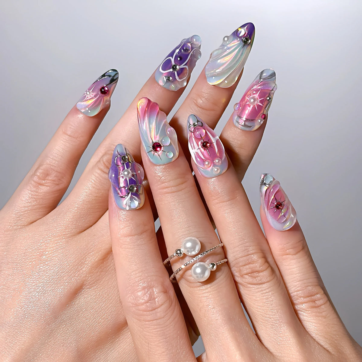 Aurora Fantasy 3D Press-On Nails | Almond | Iridescent Opal Fuchsia | LuxepressCo