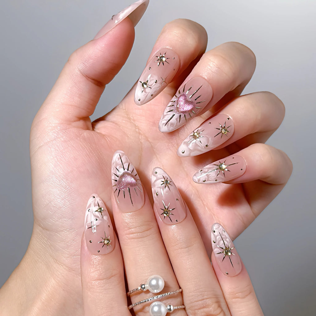 Gilded Heart Aura Press-On Nails | Almond | Gold Starburst Pink Heart | LuxepressCo