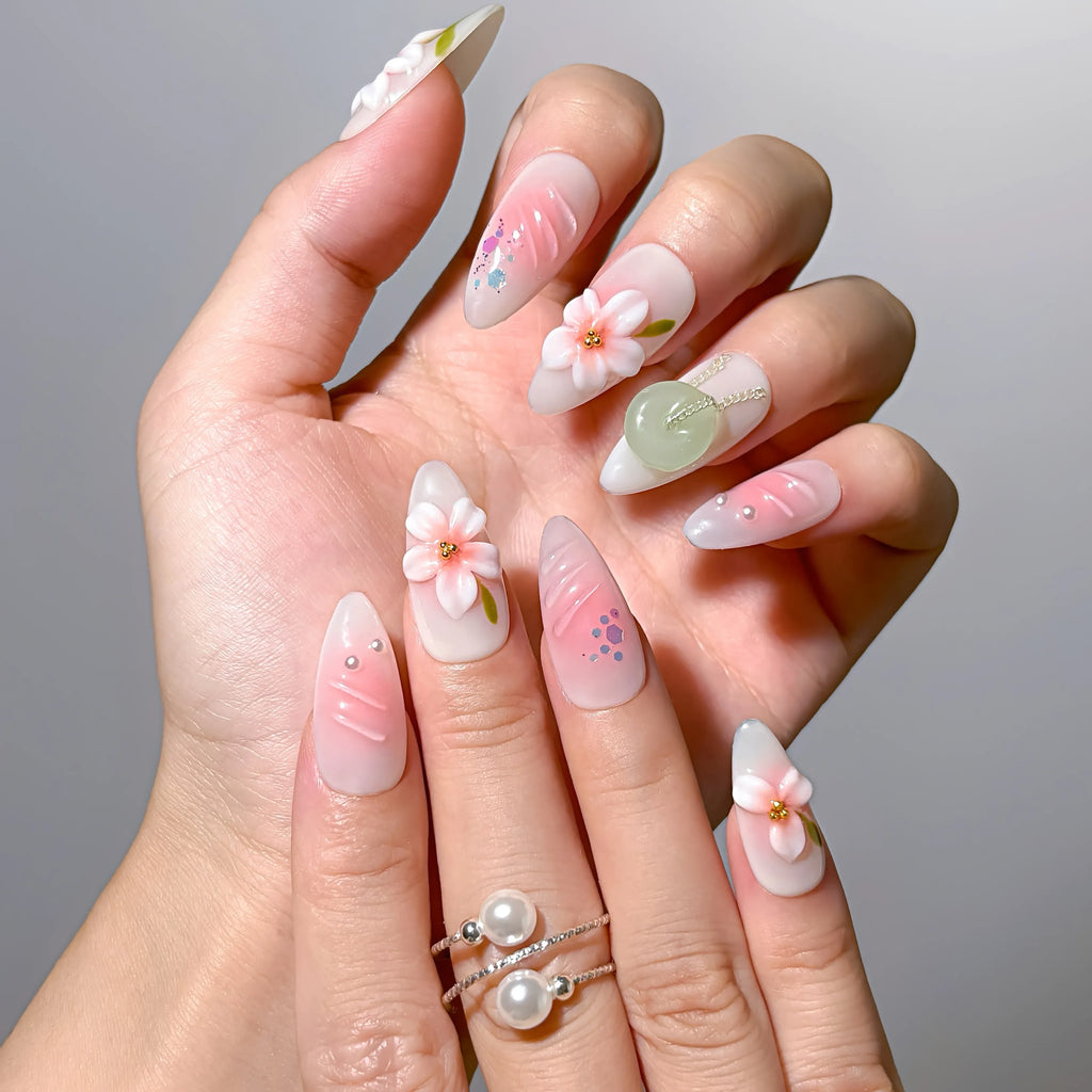 Jade Blossom Veil Press-On Nails | Almond | 3D Pink Flower Sheer Milky | LuxepressCo